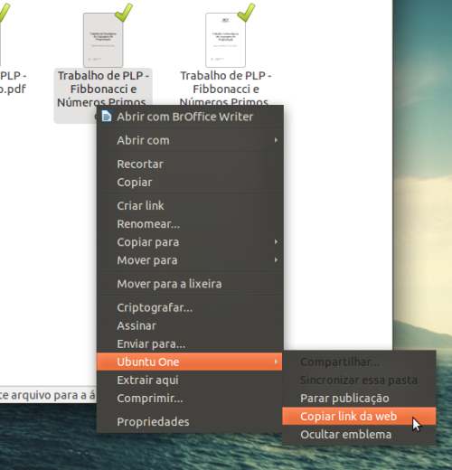 Copiando o link do arquivo publicado no Ubuntu One